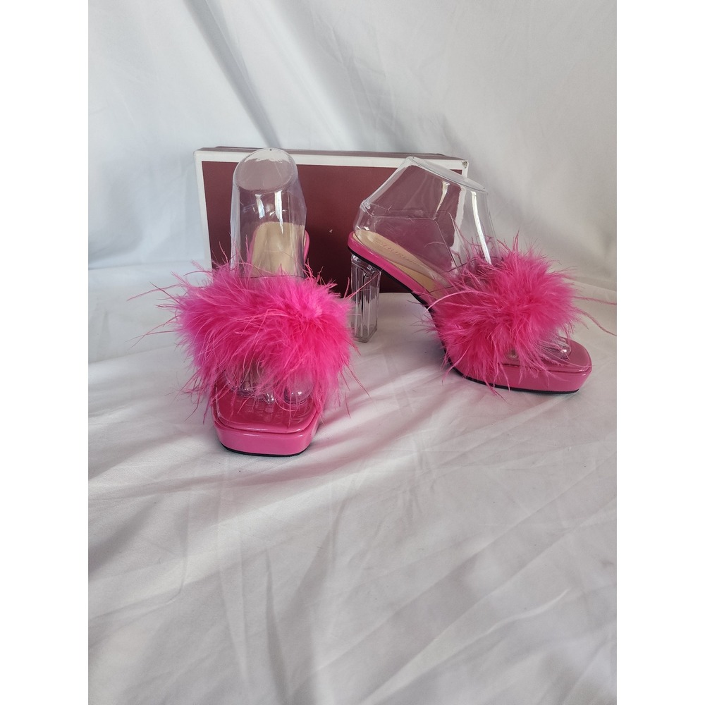 LIURUIJIA Pink Feather Platform Sandals Clear Block Heel Y2K Barbiecore Mules 39